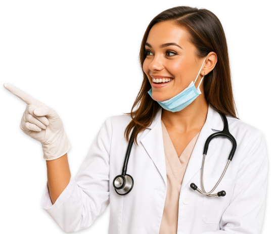 Bild eine Zahnärztin, die auf die Überschrift zeigt.