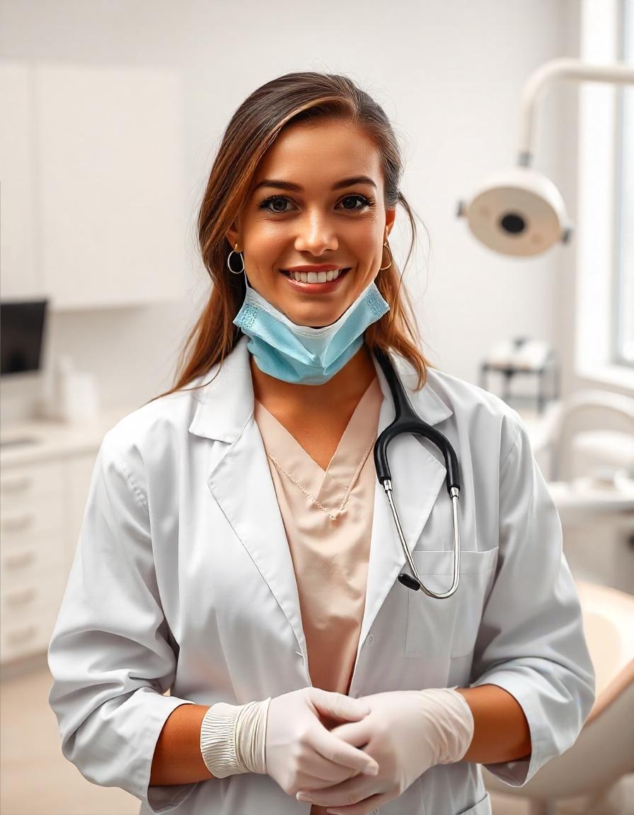 Junge Ärztin die in die Kamera lächelt. Im Hintergrund ist eine Zahnarztpraxis zu sehen.